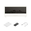 Electronic device with remote control, cable, and mat on a white background