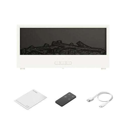 Electronic device with remote control, cable, and mat on a white background