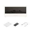 Electronic device with remote control, cable, and mat on a white background