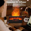 Essential oil diffuser with a fireplace design on a table, surrounded by a person using a laptop.