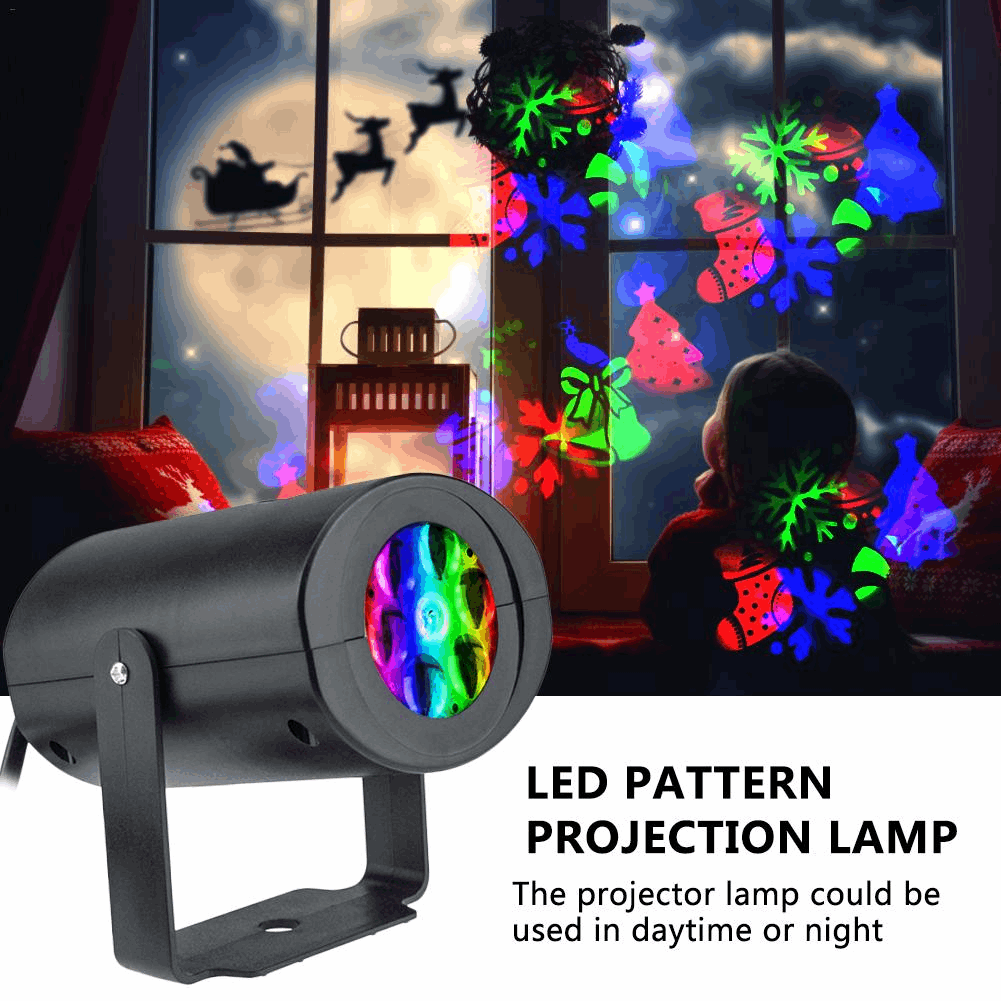 Christmas Pattern LED laser projector displaying colorful holiday shapes like stockings and snowflakes for festive decoration indoors