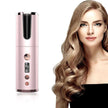 Wireless rechargeable curling iron in pink with automatic hair curling feature and a woman with long wavy blonde hair