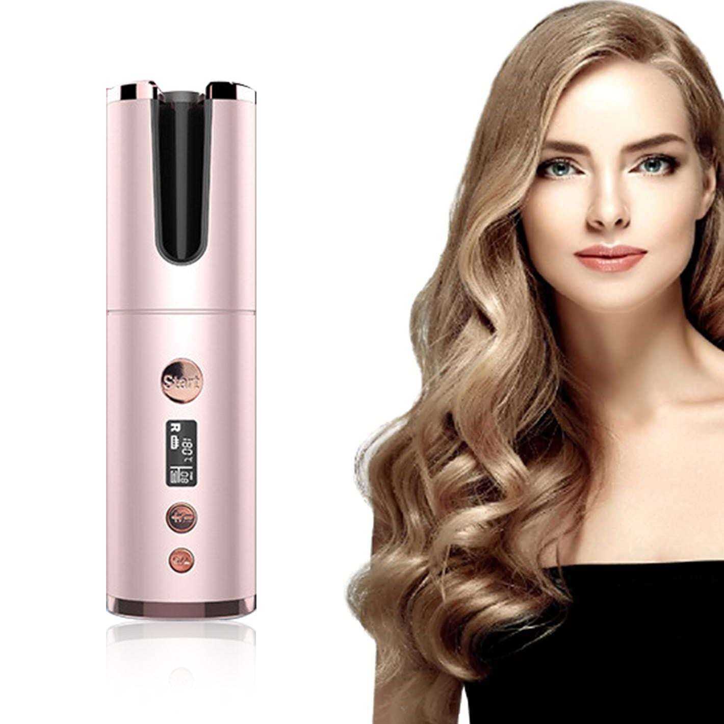 Wireless rechargeable curling iron in pink with automatic hair curling feature and a woman with long wavy blonde hair