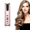 Wireless rechargeable curling iron in pink with automatic hair curling feature and a woman with long wavy blonde hair