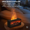 Fireplace diffuser emitting flames on a bedside table with a person sleeping in the background, labeled 'Ultra Quiet & Auto-Off'.