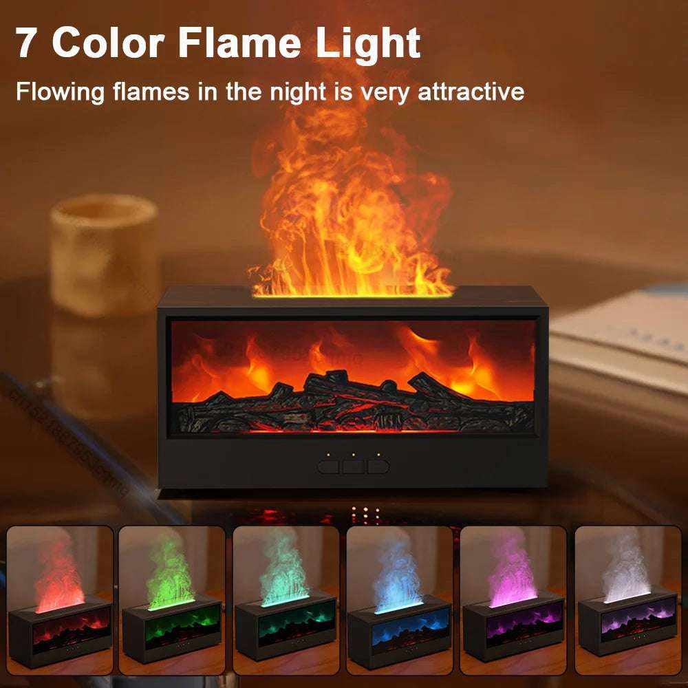 7 color flame light with flowing flames on a table, surrounded by a candle and book.
