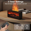 Tabletop fireplace with flame effect and remote control on a wooden surface.