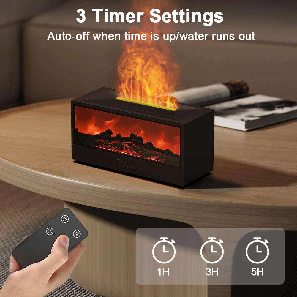 Tabletop fireplace with flame effect and remote control on a wooden surface.