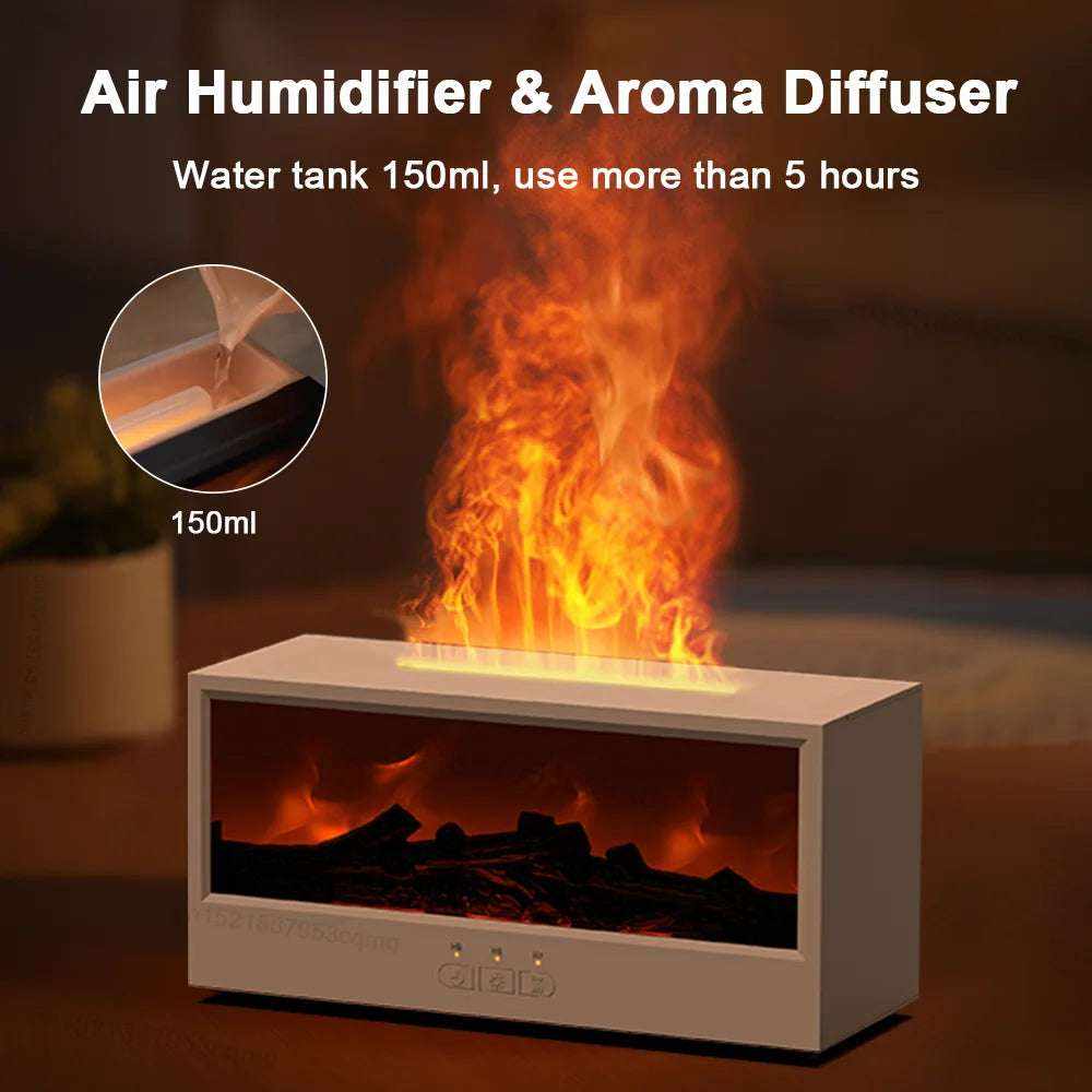Air humidifier and aroma diffuser with flame effect on a dark background