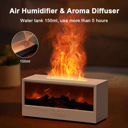 Air humidifier and aroma diffuser with flame effect on a dark background
