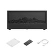Black electric fireplace with remote control, power cable, and control panel on a white background