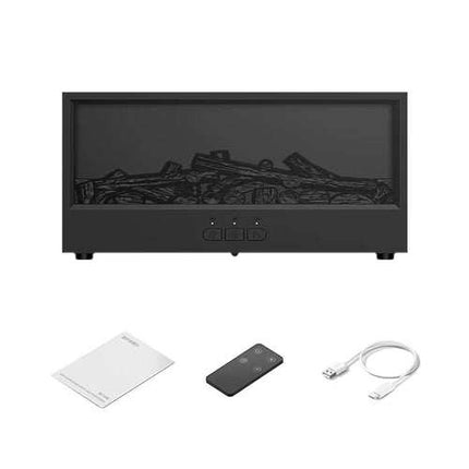 Black electric fireplace with remote control, power cable, and control panel on a white background