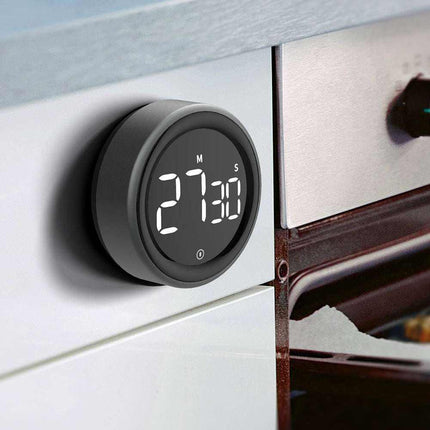 Magnetic digital kitchen timer with LED display and magnetic back, round aluminum shell for cooking and shower use