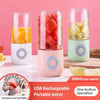 Mini portable blender USB rechargeable with 500ml capacity and one-button operation, shown with fresh fruit inside.