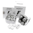 Multi-Claw Electric Scalp Massager with interchangeable heads, wireless charging base, USB cable, and user manual in white and silver design