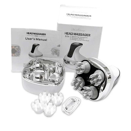 Multi-Claw Electric Scalp Massager with interchangeable heads, wireless charging base, USB cable, and user manual in white and silver design