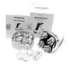 Multi-Claw Electric Scalp Massager with interchangeable heads, wireless charging base, USB cable, and user manual in white and silver design