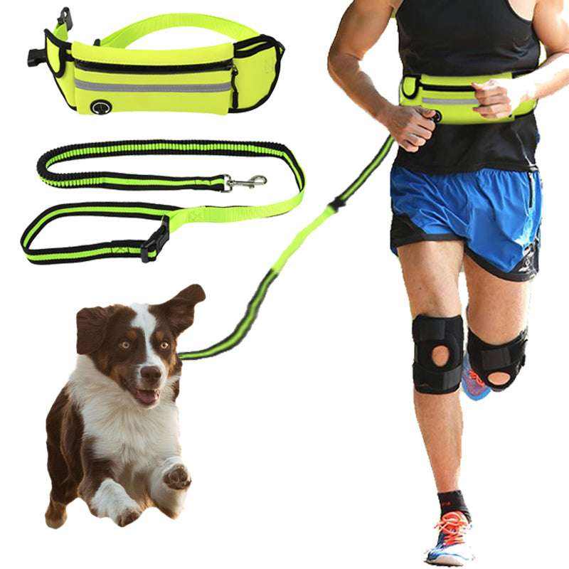 Yellow reflective waterproof pet waist bag with sports traction rope for dog walking and running