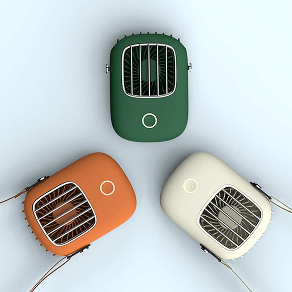 Three portable mini USB fans in green, orange, and white with compact design and lanyards for hands-free use.