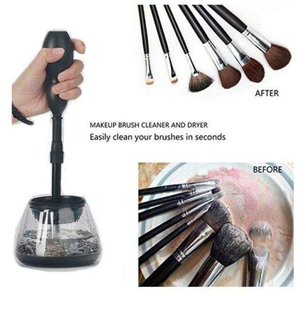 Electric makeup brush cleaner with hand-held motor and cleaning bowl showing before and after brush cleaning results