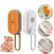 SteamyCat 3-in-1 electric grooming brush with steam spray for cats and dogs, soft bristles, ergonomic foldable handle, USB rechargeable, removes loose fur and detangles knots.