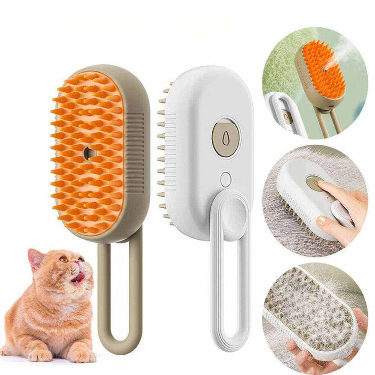 SteamyCat 3-in-1 electric grooming brush with steam spray for cats and dogs, soft bristles, ergonomic foldable handle, USB rechargeable, removes loose fur and detangles knots.