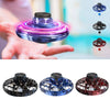 UFO LED Hover Spinner flying toy with RGB lights in black, blue, and red colors, showing spinning action above a hand and three color variants below.