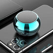 Compact wireless Bluetooth speaker in metallic blue placed on a smartphone, featuring Bluetooth 5.0 technology for outdoor portable stereo sound.