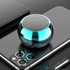 Compact wireless Bluetooth speaker in metallic blue placed on a smartphone, featuring Bluetooth 5.0 technology for outdoor portable stereo sound.